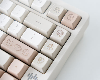a close look at the cafe rose keycaps in marshmallow profile with cafe rose marshmallow novelty keys.