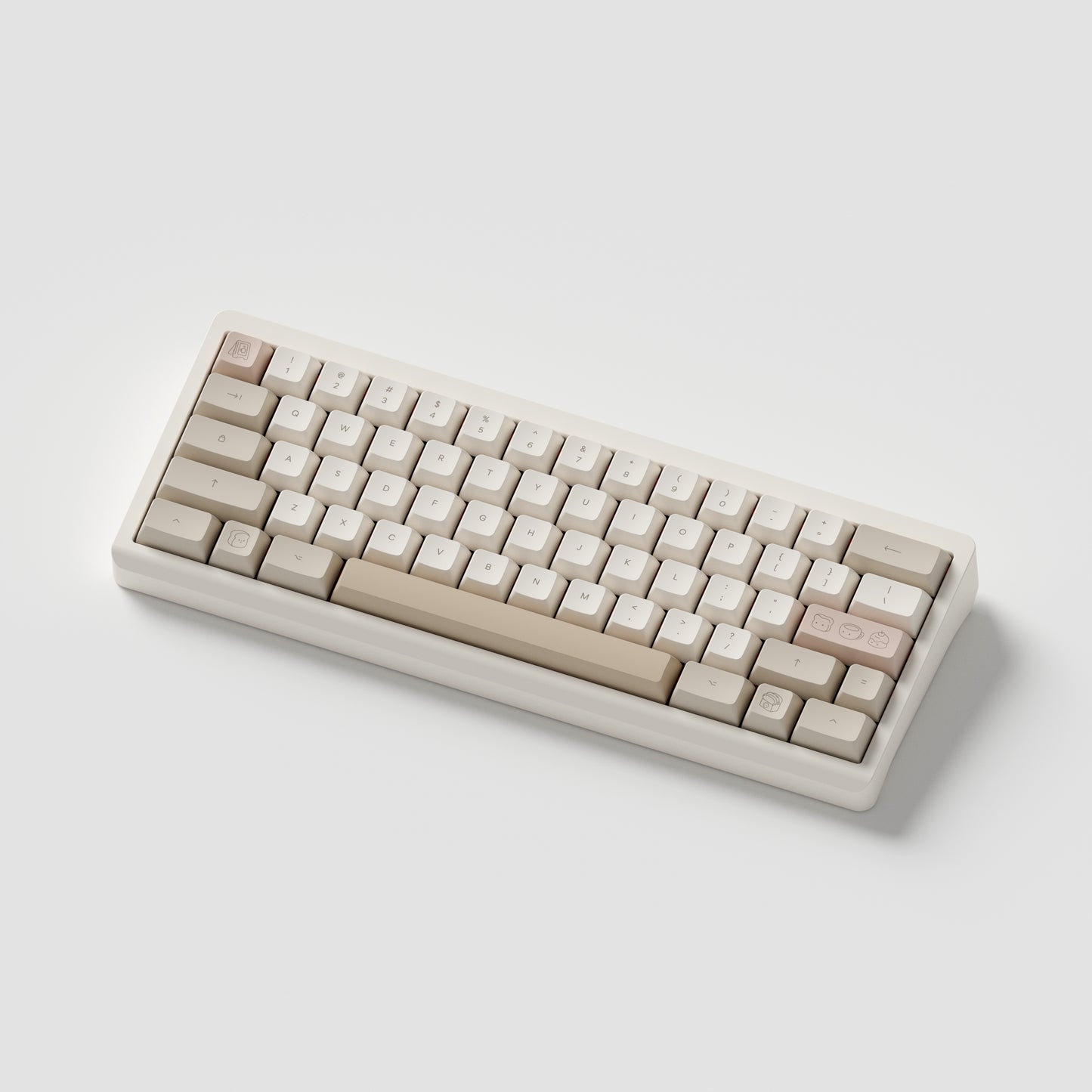 the cafe rose marshmallow keycaps with matching novelty keys on a cream 60% keyboard.