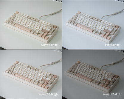 the cafe rose keycaps in marshmallow profile in 4 different lighting environments.