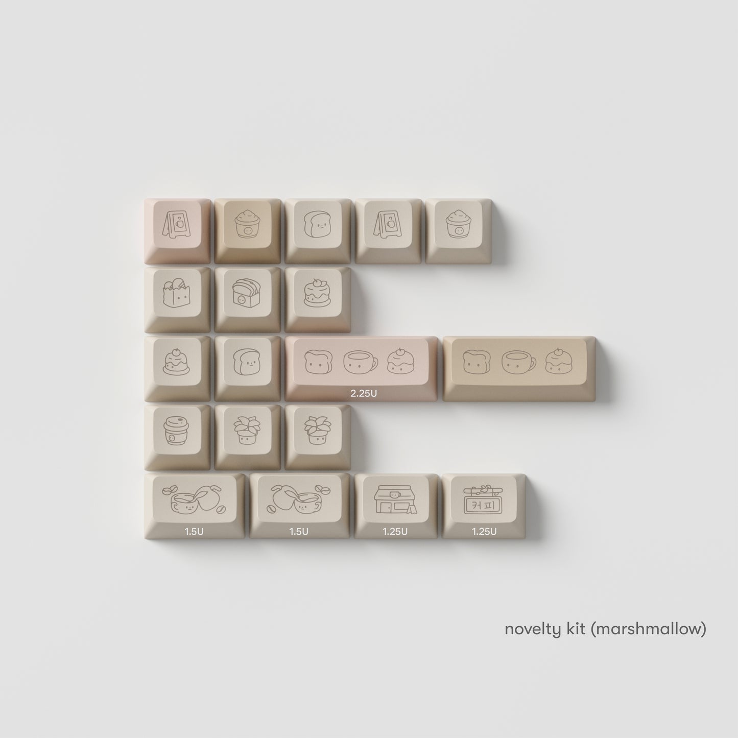 the standard edition cafe rose novelty keys in marshmallow profile. featuring cafe inspired artwork in macaron pink, caramel brown, and light stone colours.