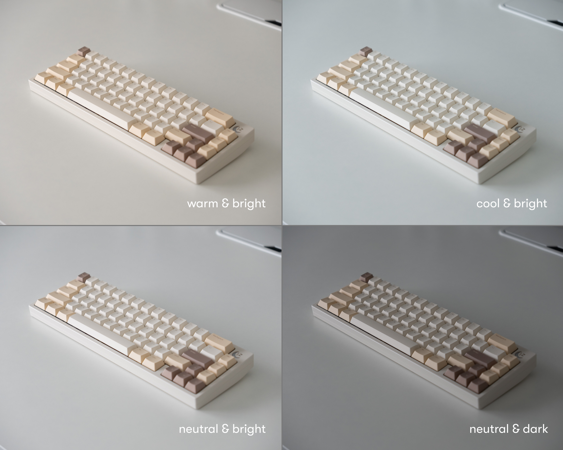 the dalgona keycaps in 4 different lighting environments.