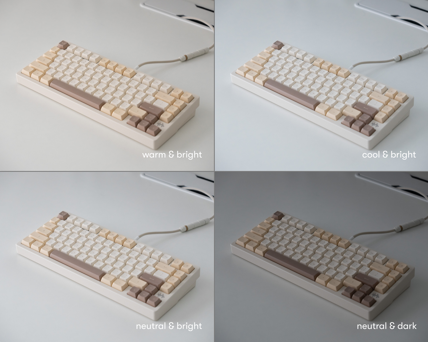 the dalgona keycaps in marshmallow profile in 4 different lighting environments.