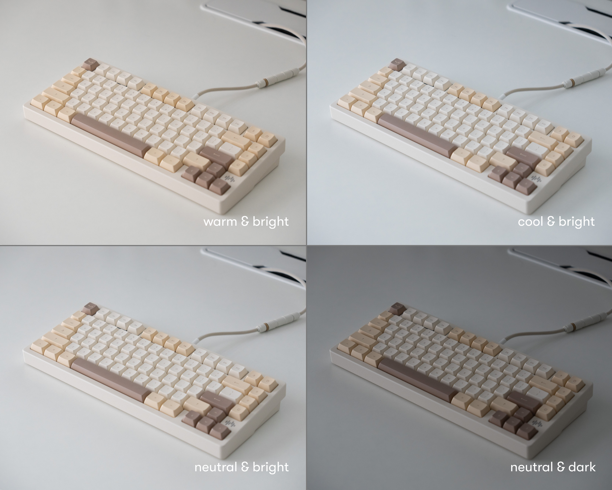 the dalgona keycaps in marshmallow profile in 4 different lighting environments.