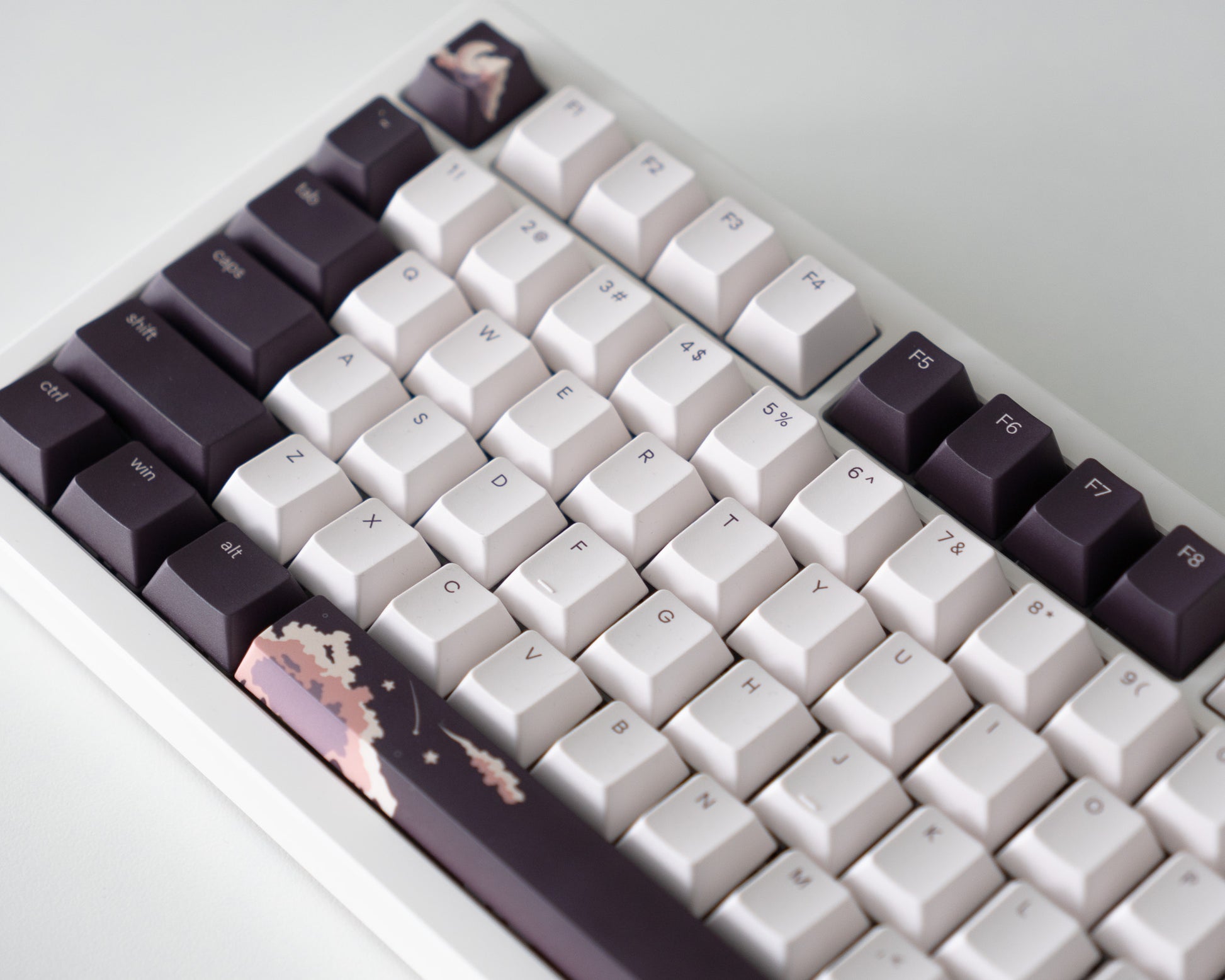 the dusk keycaps with special edition dusk novelty keys on a white desk setup.