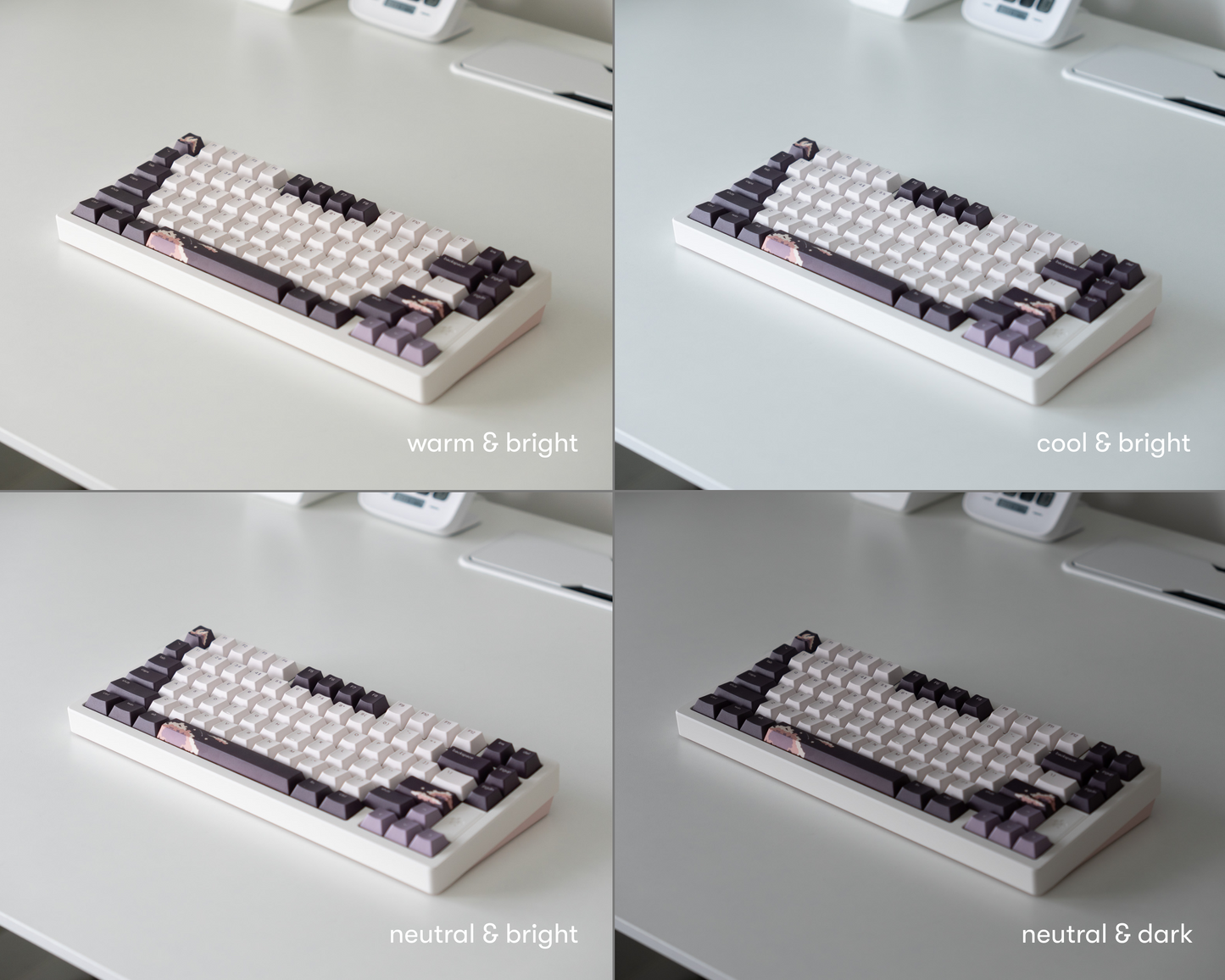 the dusk keycaps in 4 different lighting environments.