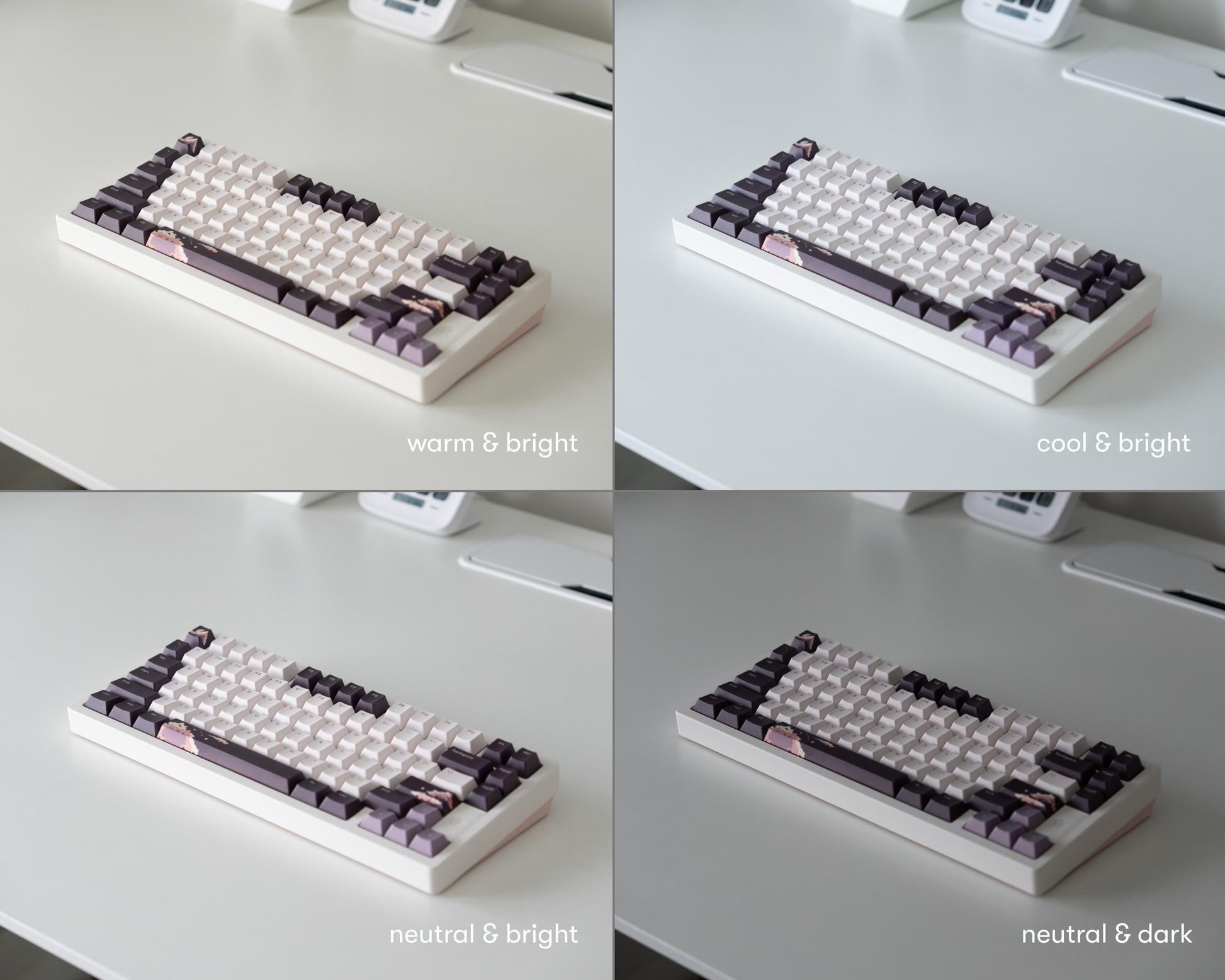 the dusk keycaps in 4 different lighting environments.