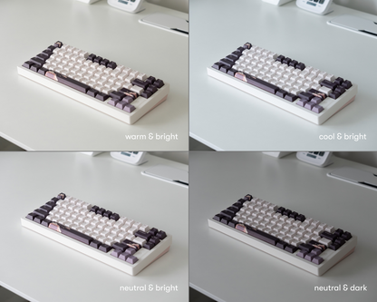 the dusk keycaps in 4 different lighting environments.