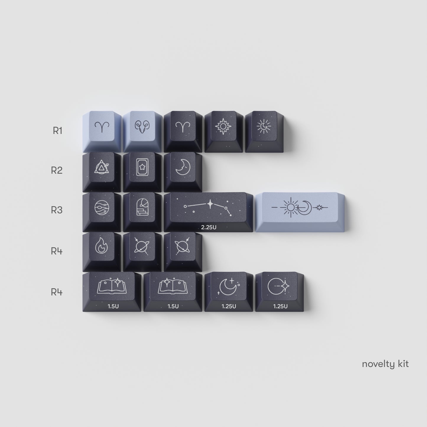 the standard edition aries novelty keys for the horoscope keycaps. featuring aries signs in galaxy blue and cosmic indigo colours.