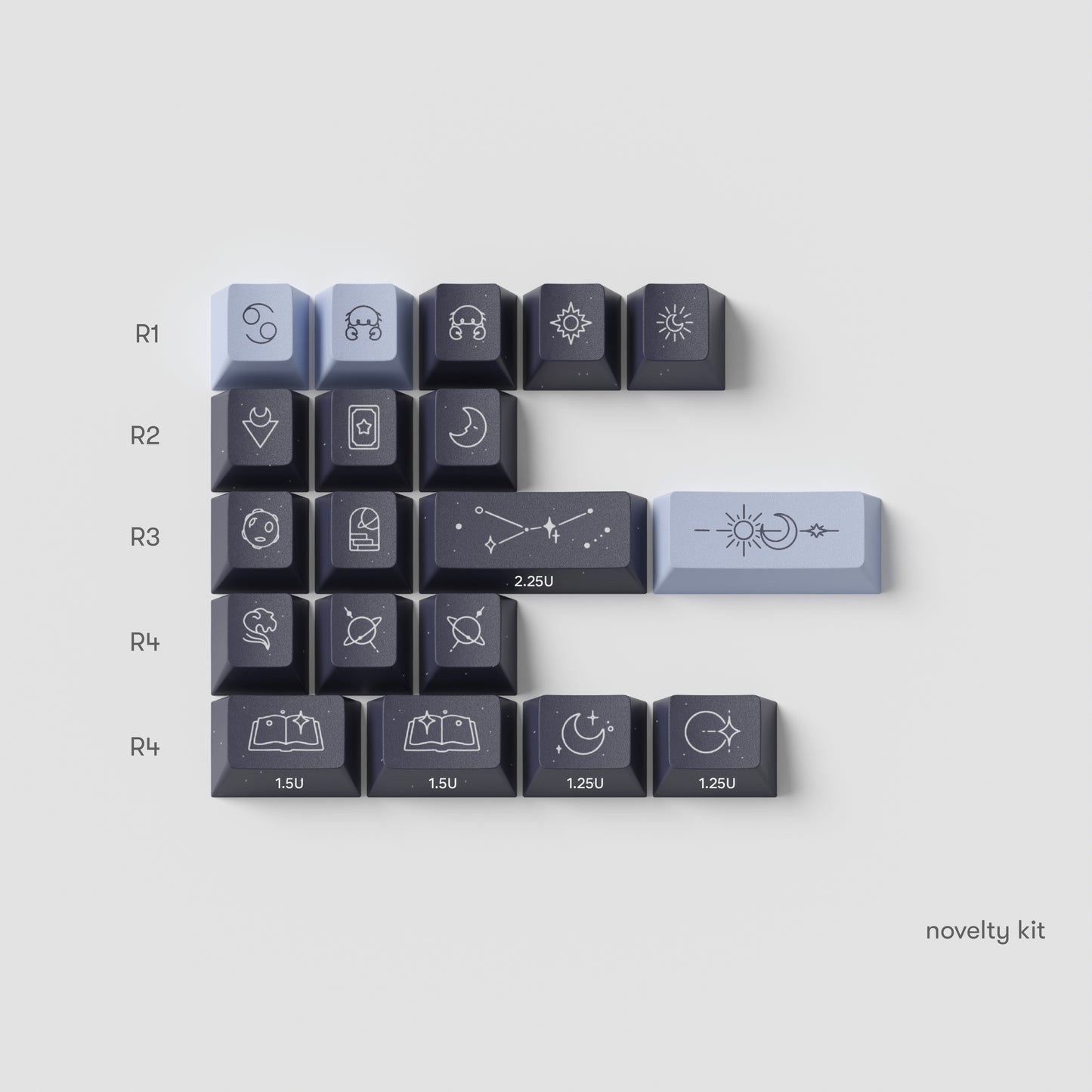 the standard edition cancer novelty keys for the horoscope keycaps. featuring cancer signs in galaxy blue and cosmic indigo colours.