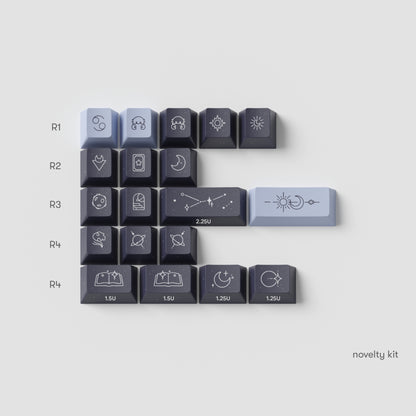 the standard edition cancer novelty keys for the horoscope keycaps. featuring cancer signs in galaxy blue and cosmic indigo colours.