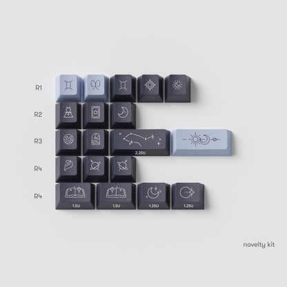 the standard edition gemini novelty keys for the horoscope keycaps. featuring gemini signs in galaxy blue and cosmic indigo colours.