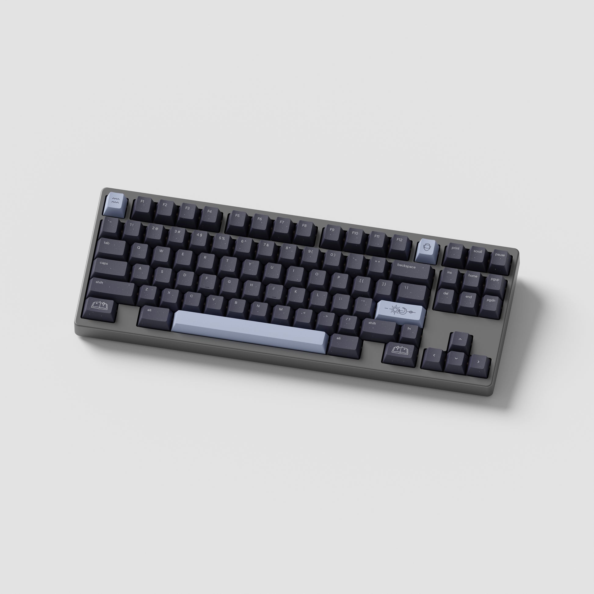 the standard horoscope keycaps, with the aquarius novelty kit, on a gray tkl keyboard.