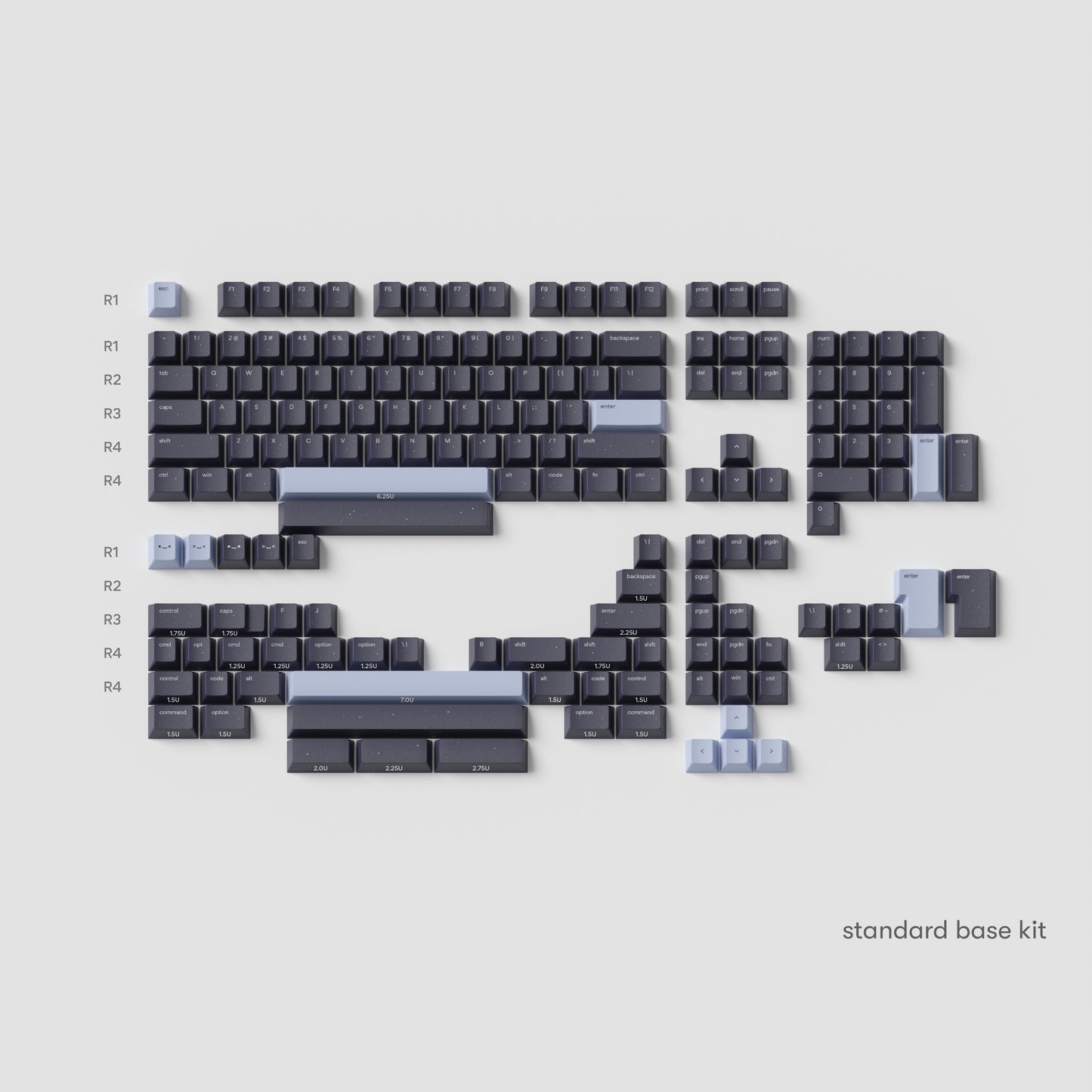 all the standard base kit horoscope keycaps in cherry profile laid flat with galaxy blue and cosmic indigo colours.