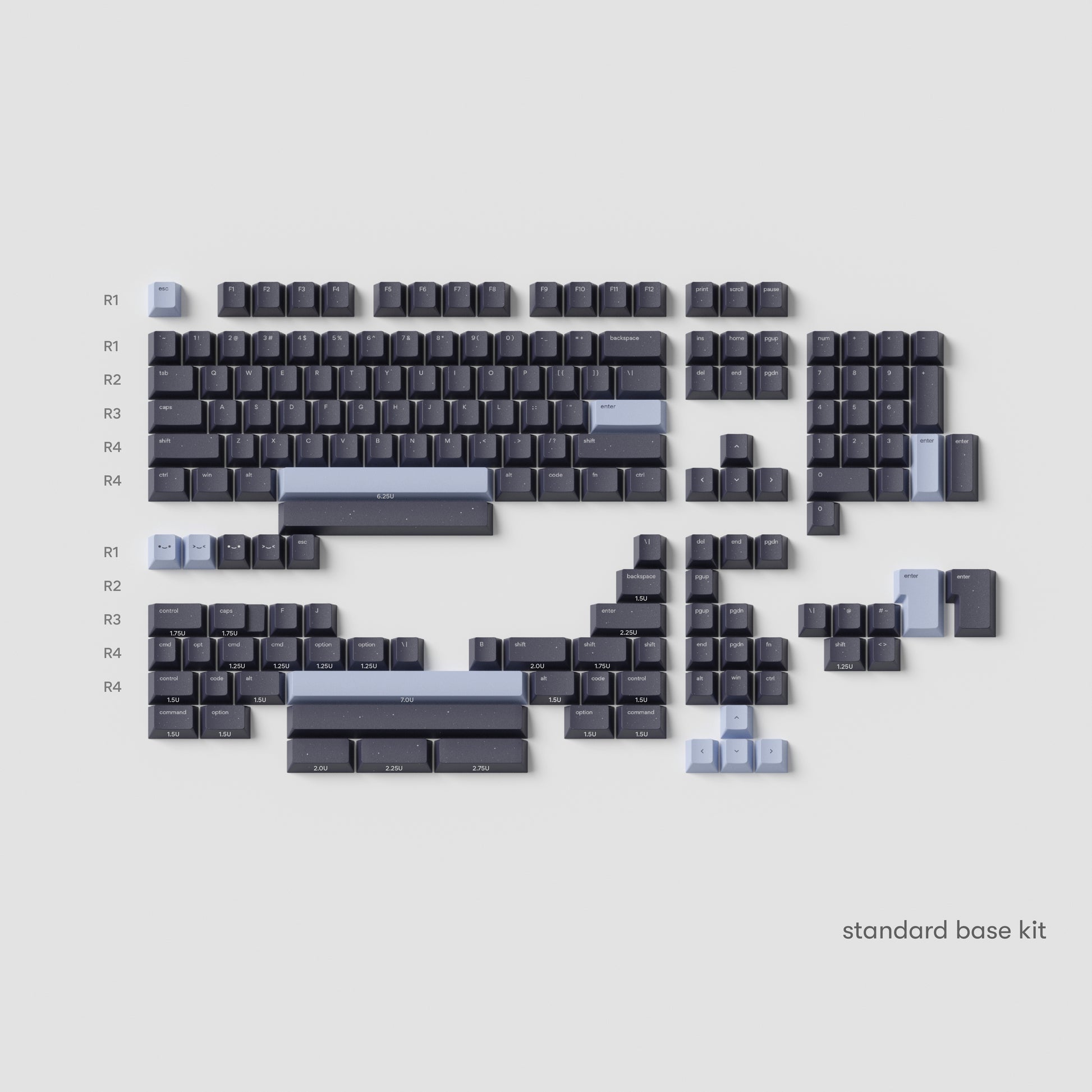 all the standard base kit horoscope keycaps in cherry profile laid flat with galaxy blue and cosmic indigo colours.