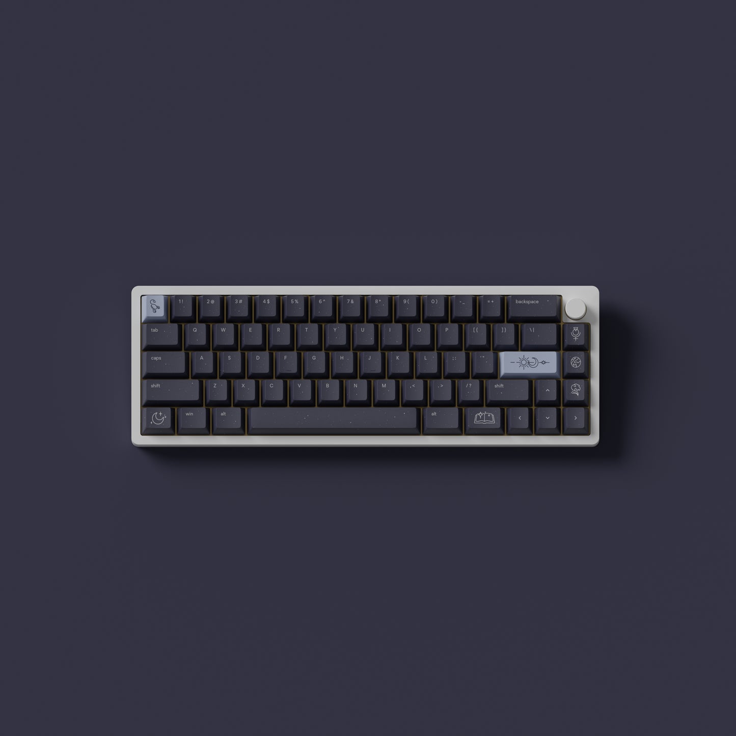 the standard horoscope keycaps, with the scorpio novelty kit, on a white 65% keyboard.