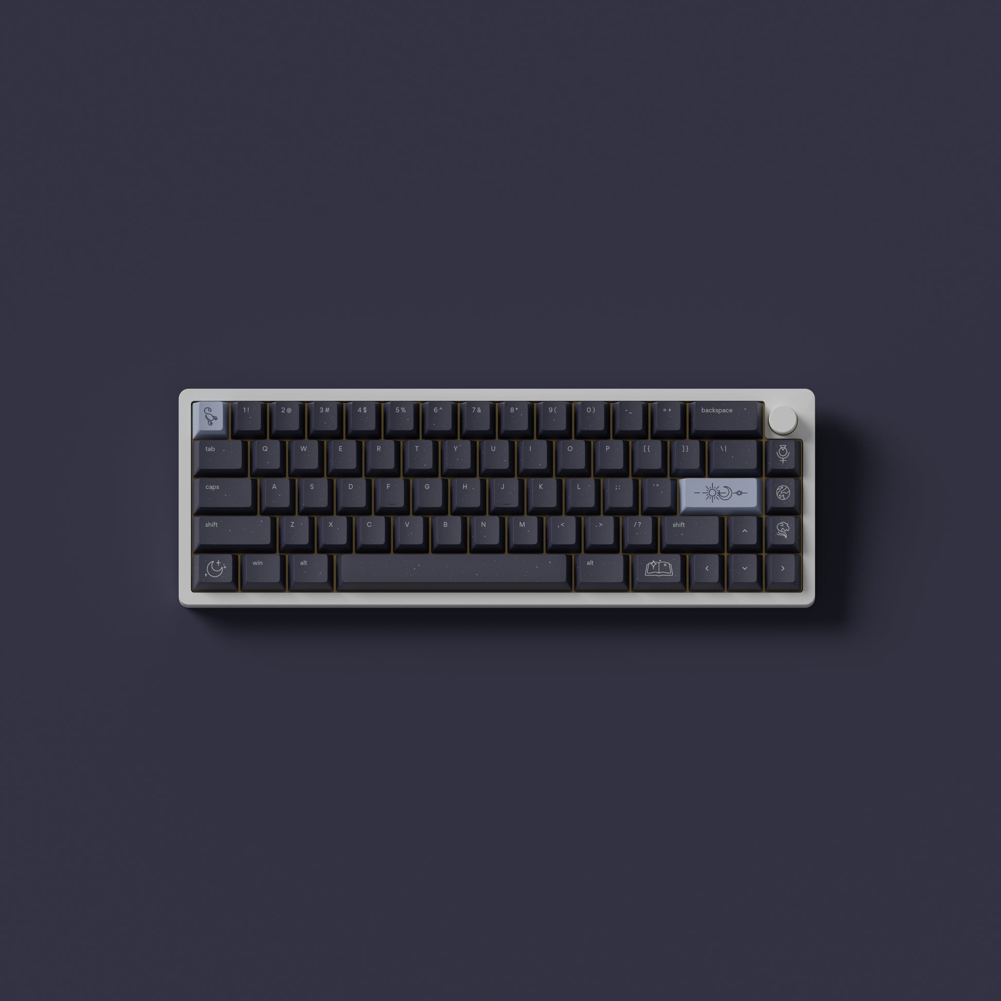 the standard horoscope keycaps, with the scorpio novelty kit, on a white 65% keyboard.