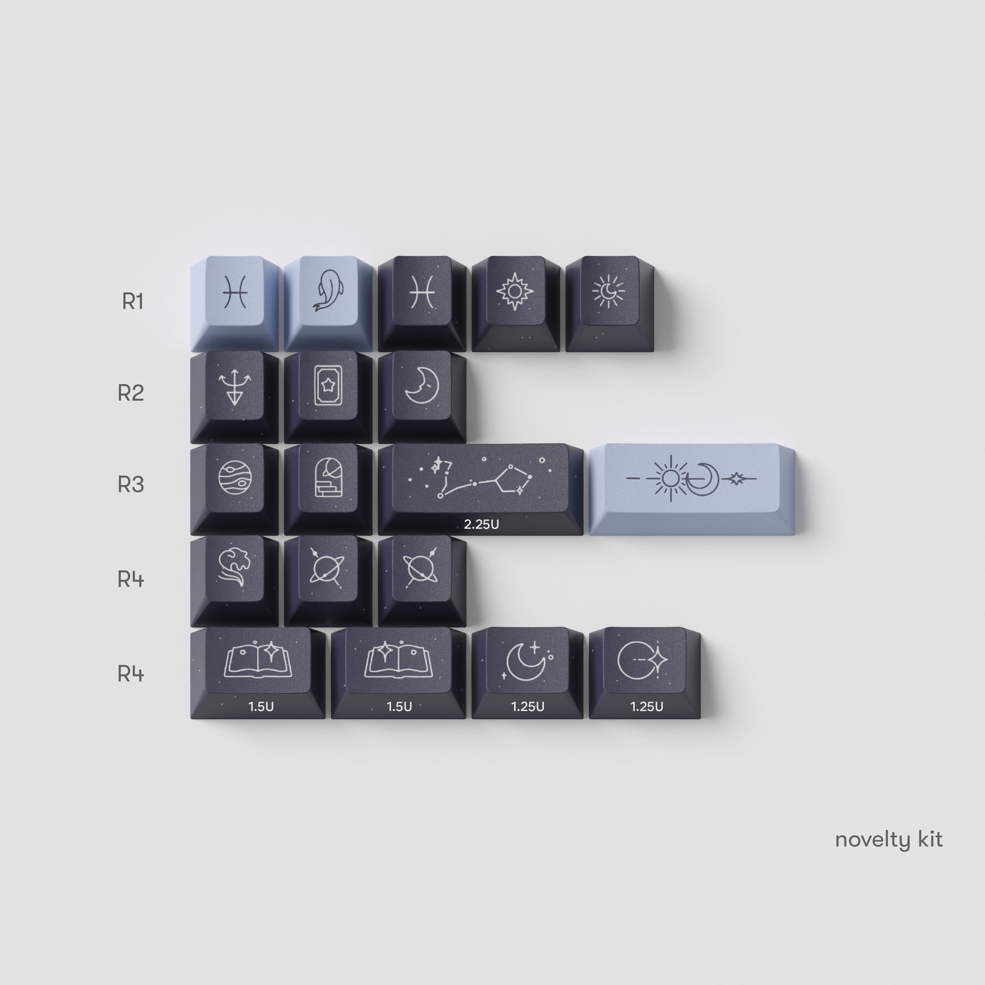 the standard edition pisces novelty keys for the horoscope keycaps. featuring pisces signs in galaxy blue and cosmic indigo colours.