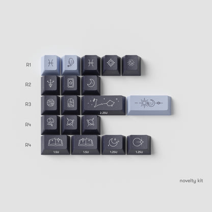 the standard edition pisces novelty keys for the horoscope keycaps. featuring pisces signs in galaxy blue and cosmic indigo colours.