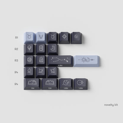 the standard edition taurus novelty keys for the horoscope keycaps. featuring taurus signs in galaxy blue and cosmic indigo colours.