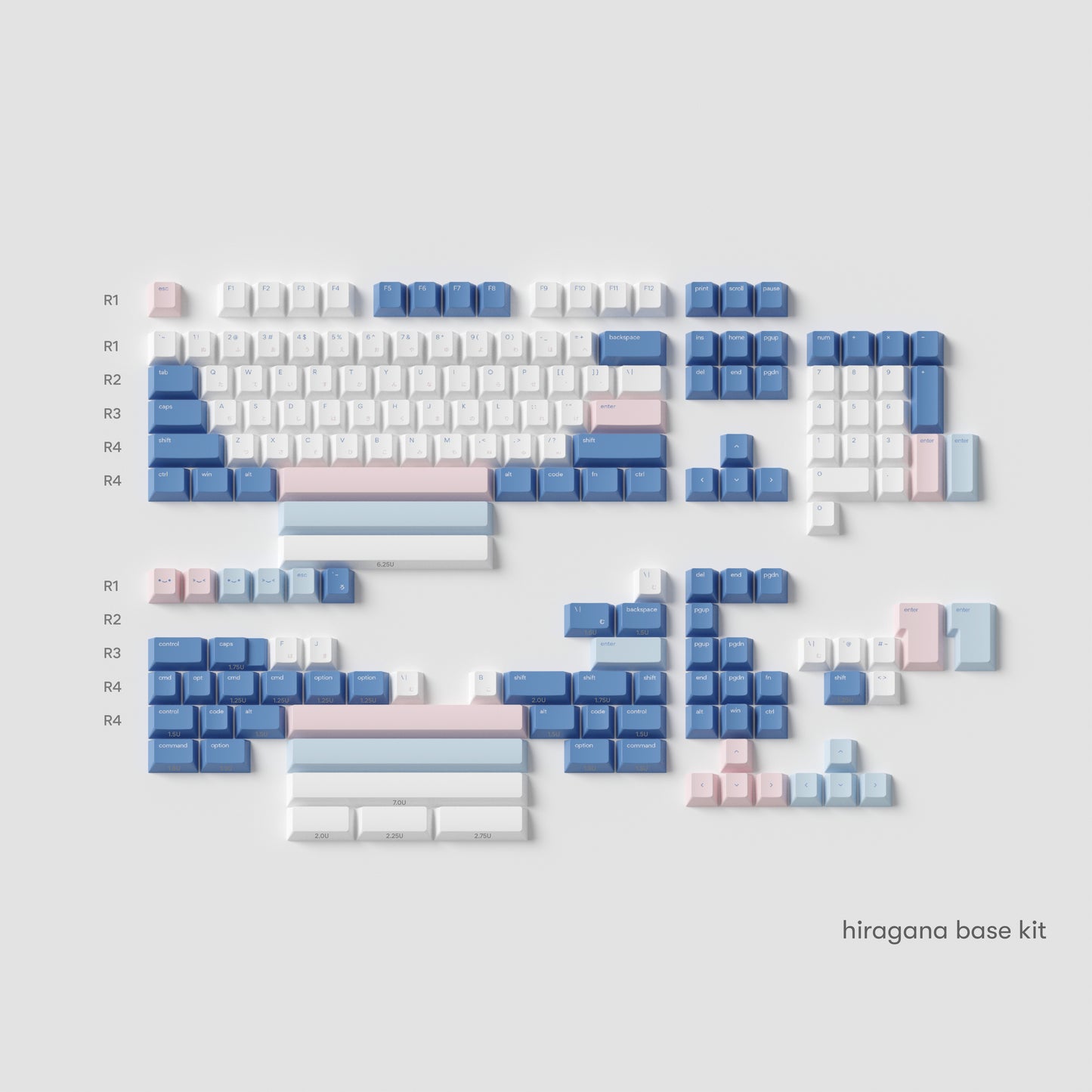all the konbini blue keycaps with hiragana sub-legends in cherry profile laid flat with electric blue, morning blue, cotton pink, and snow white colours.