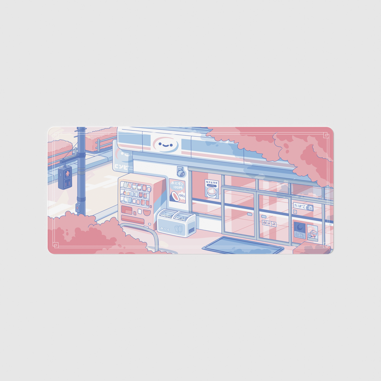 the 90x60cm special edition konbini blue desk mat with edge-stitched trim.