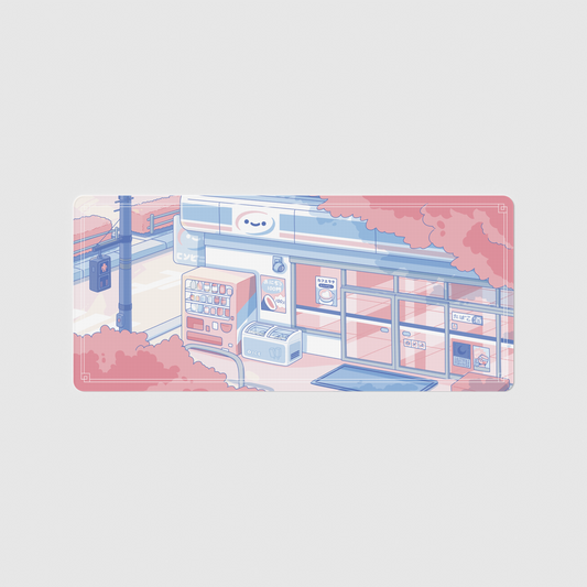 the 90x60cm special edition konbini blue desk mat with edge-stitched trim.