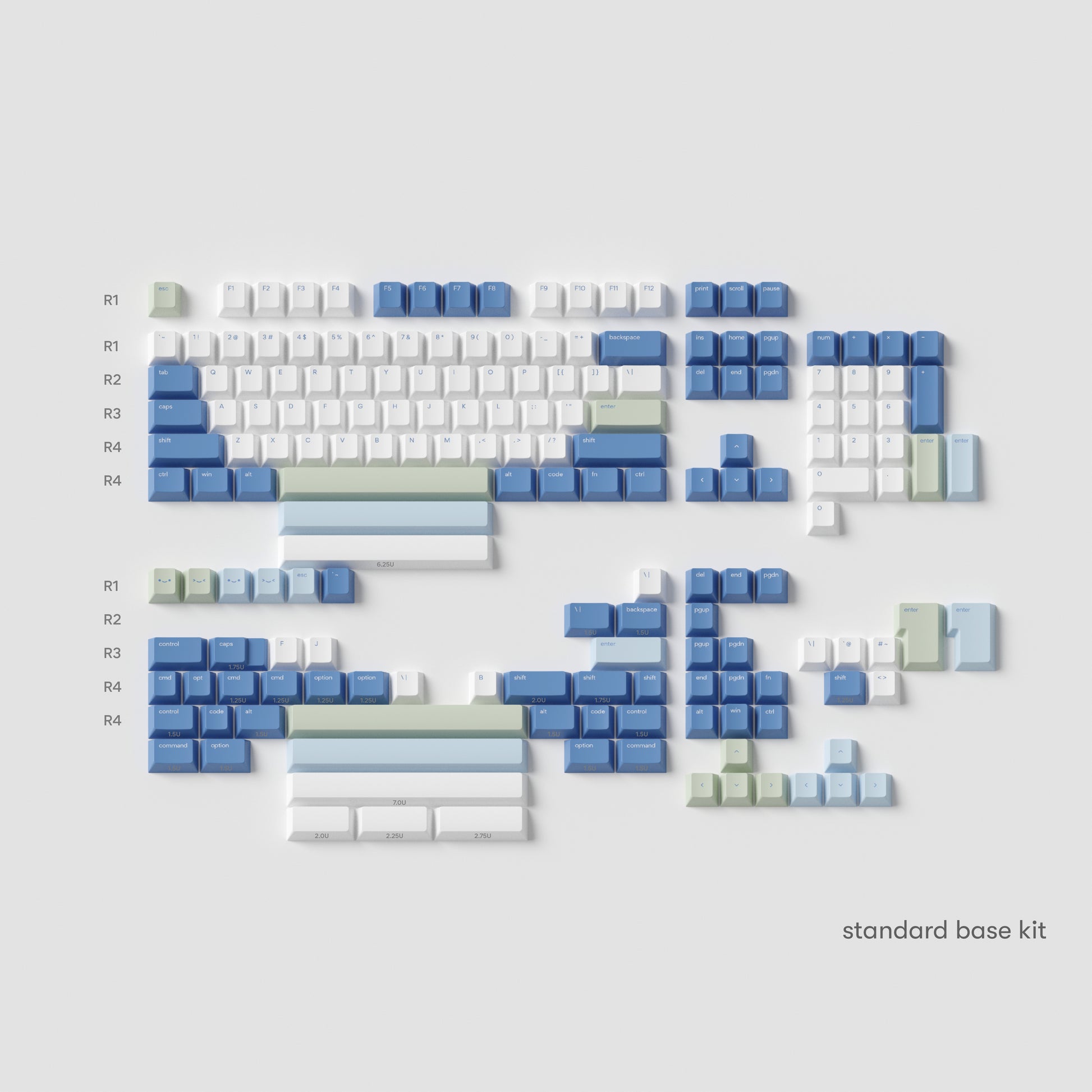 all the standard base kit konbini green keycaps in cherry profile laid flat with electric blue, morning blue, fresh green, and snow white colours.