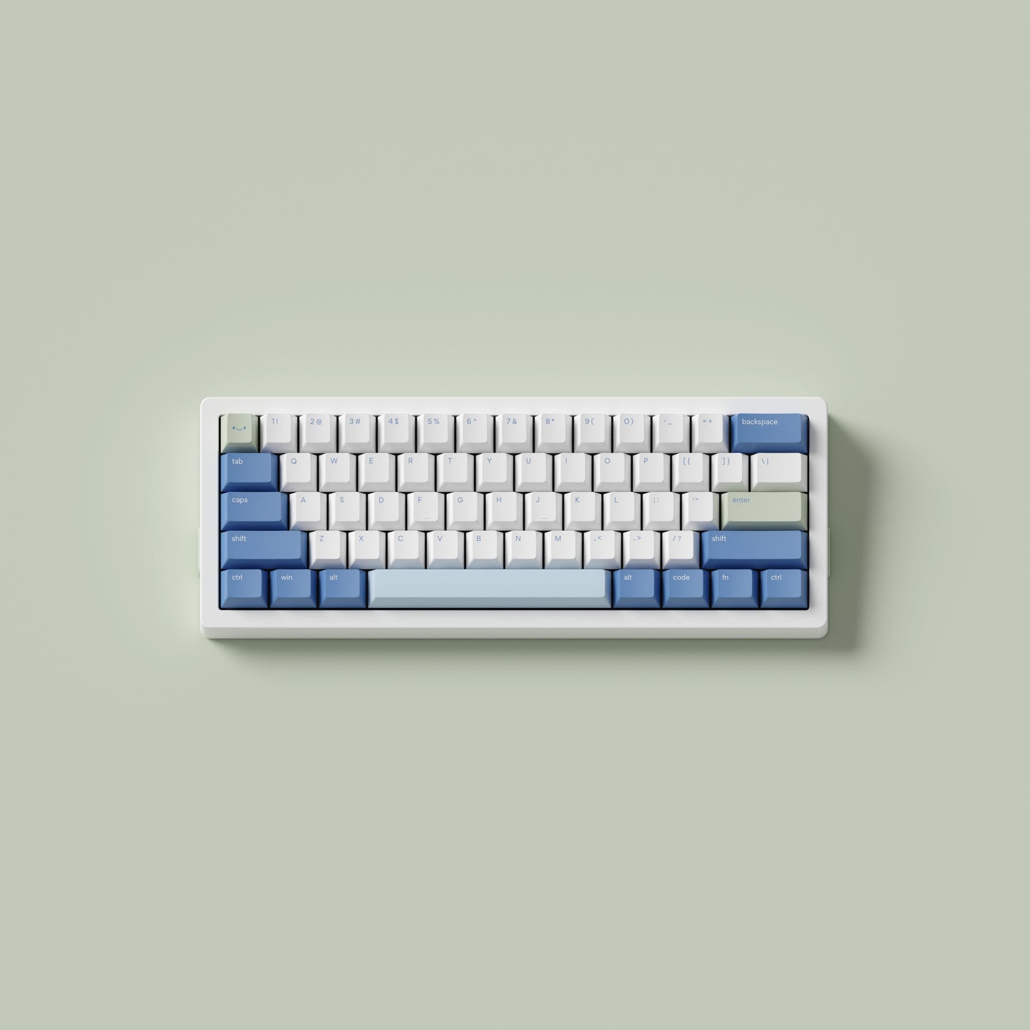 the standard konbini green keycaps, in cherry profile, on a white 60% keyboard.
