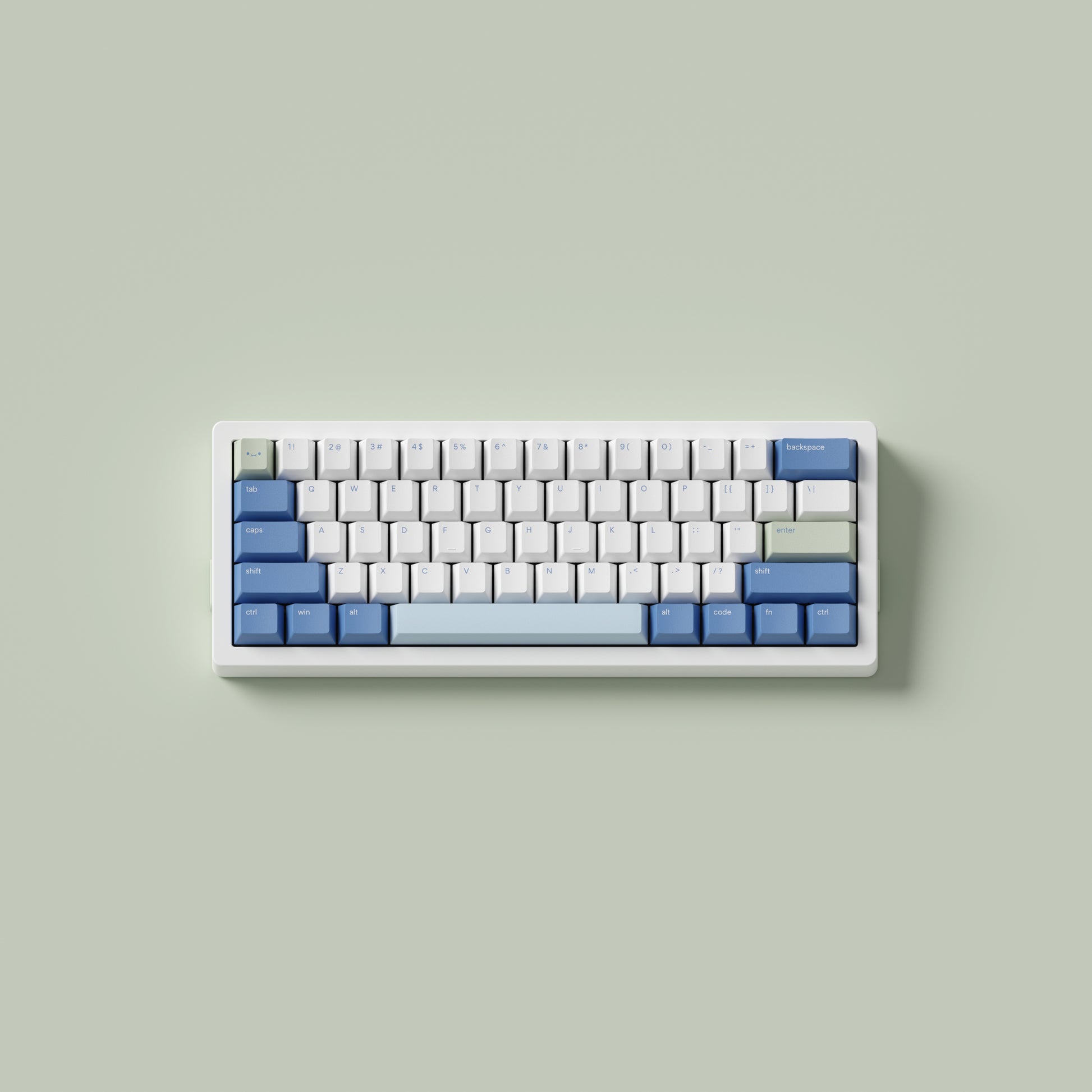 the standard konbini green keycaps, in cherry profile, on a white 60% keyboard.