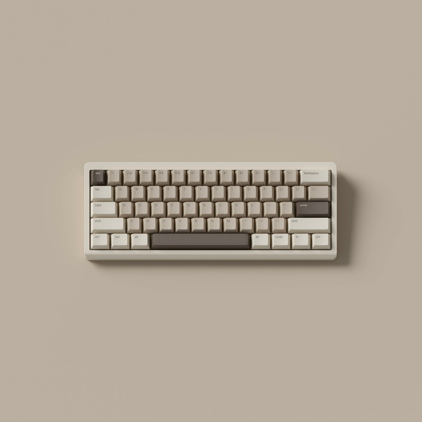 the mocha keycaps, in cherry profile, on a cream 60% keyboard.