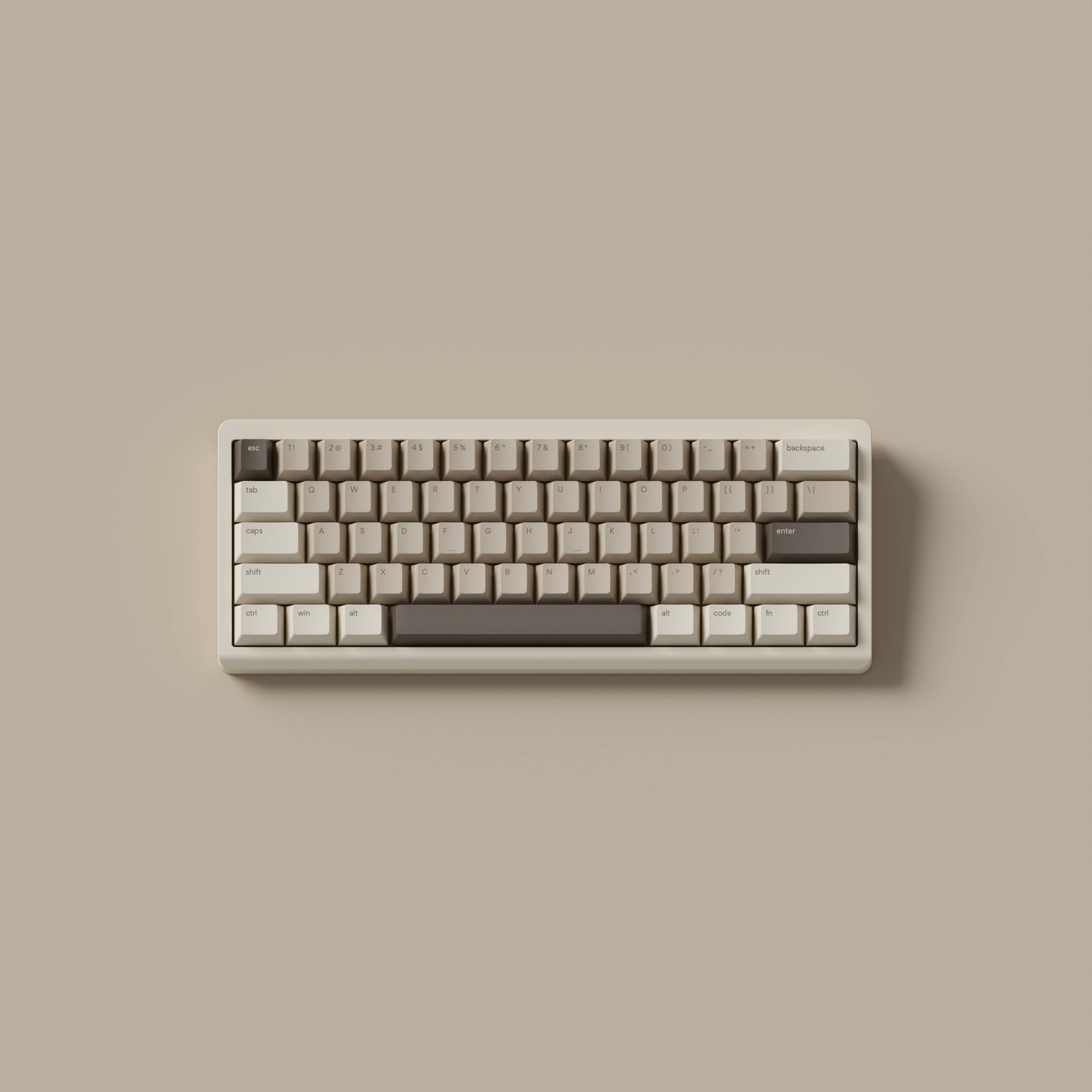 the mocha keycaps, in cherry profile, on a cream 60% keyboard.