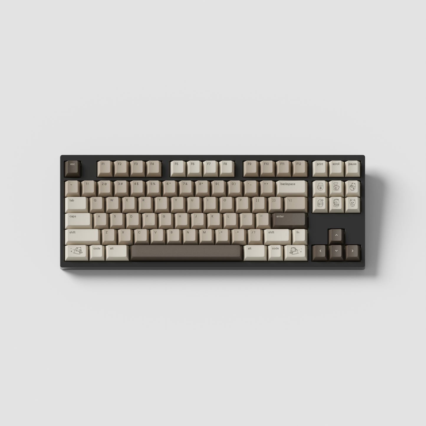 the standard mocha keycaps, with mocha novelty keys, on a brown TKL keyboard.