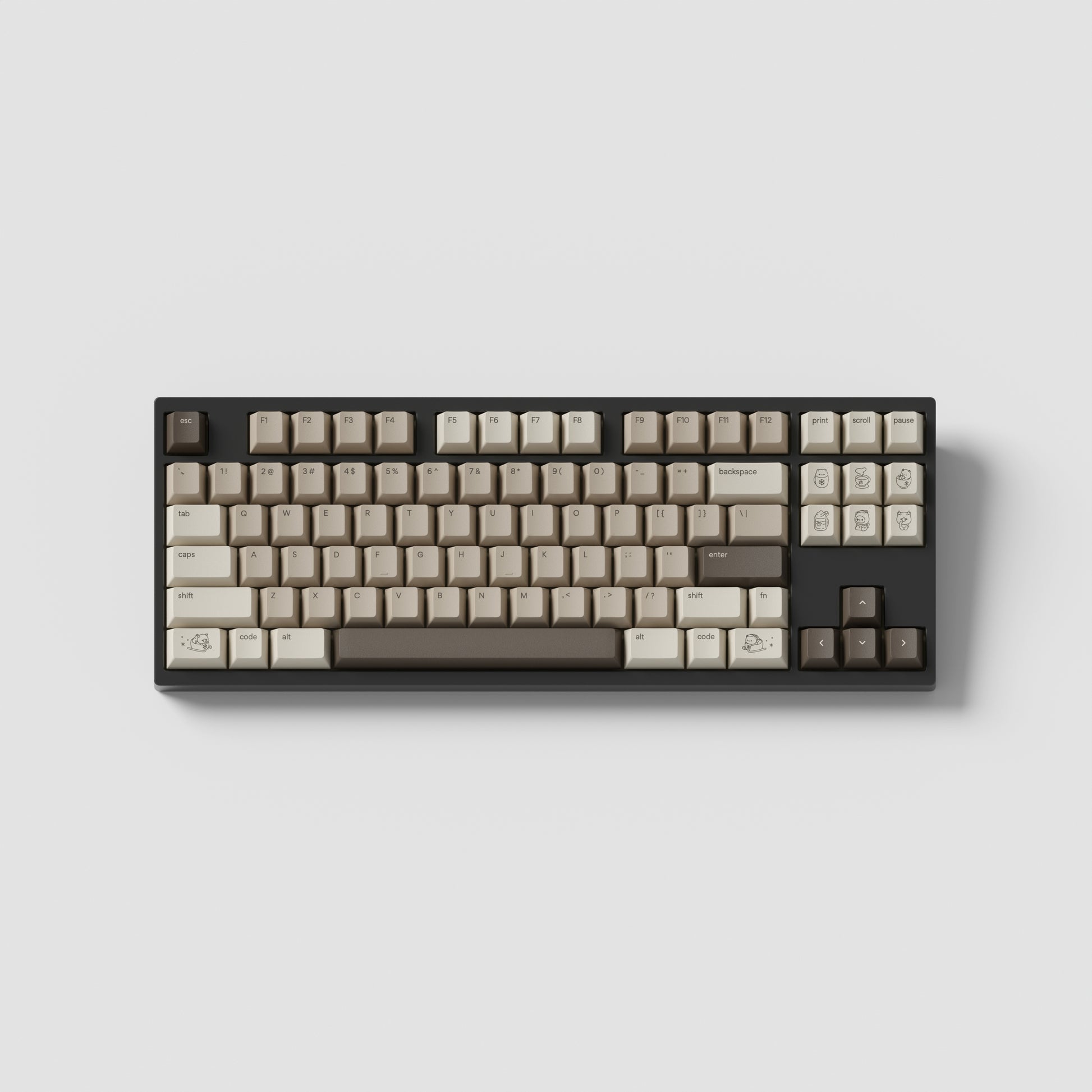 the standard mocha keycaps, with mocha novelty keys, on a brown TKL keyboard.