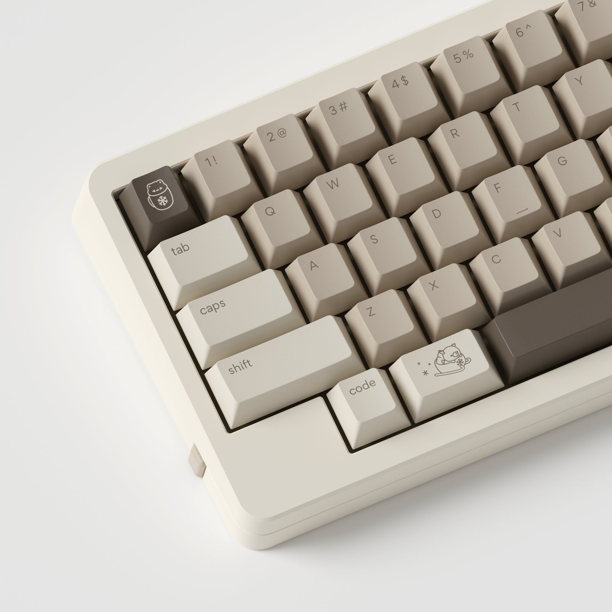 the mocha keycaps, in cherry profile, on a cream mono65 keyboard.