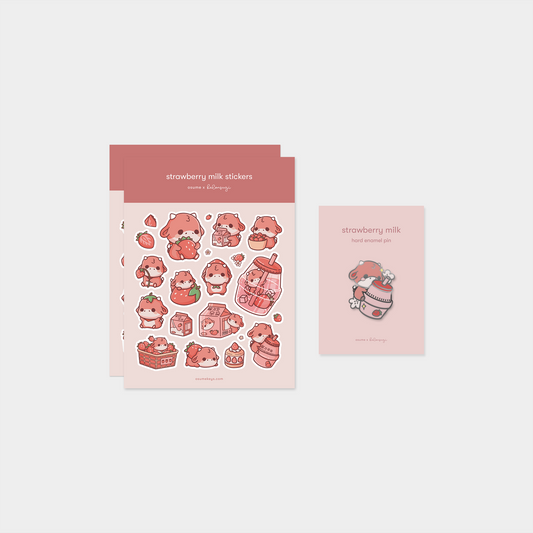 strawberry milk pin and sticker bundle