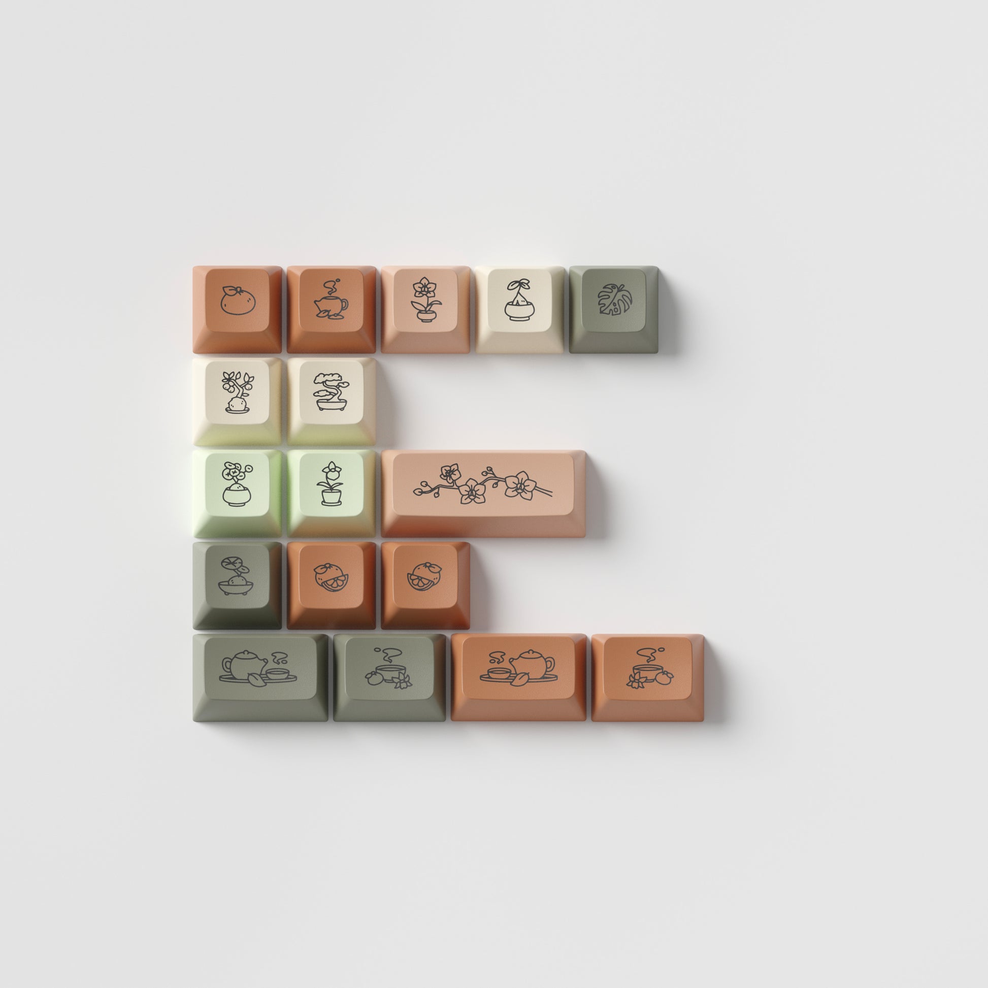 A set of 17 keycaps in earth tones with cute illustrations on them