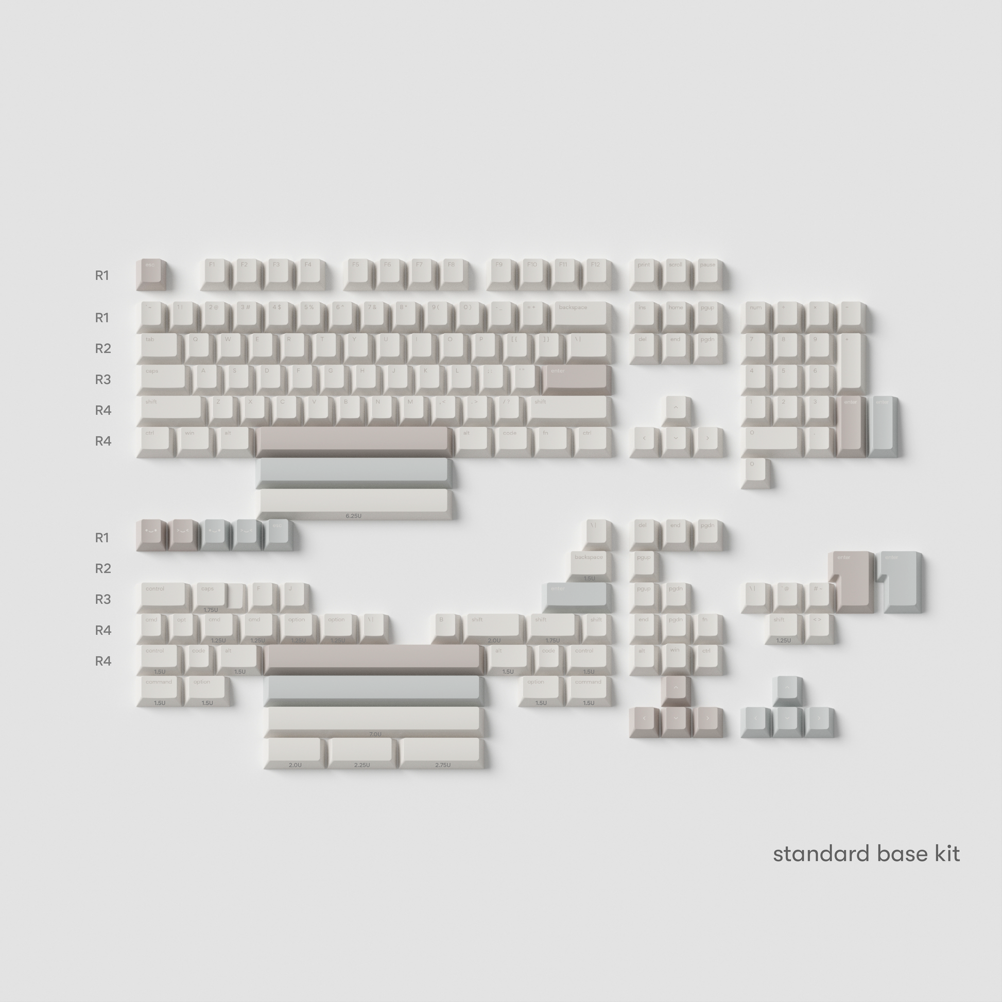 all the standard base kit rainy day keycaps in cherry profile laid flat with misty gray, hazy taupe, and nimus silver colours.