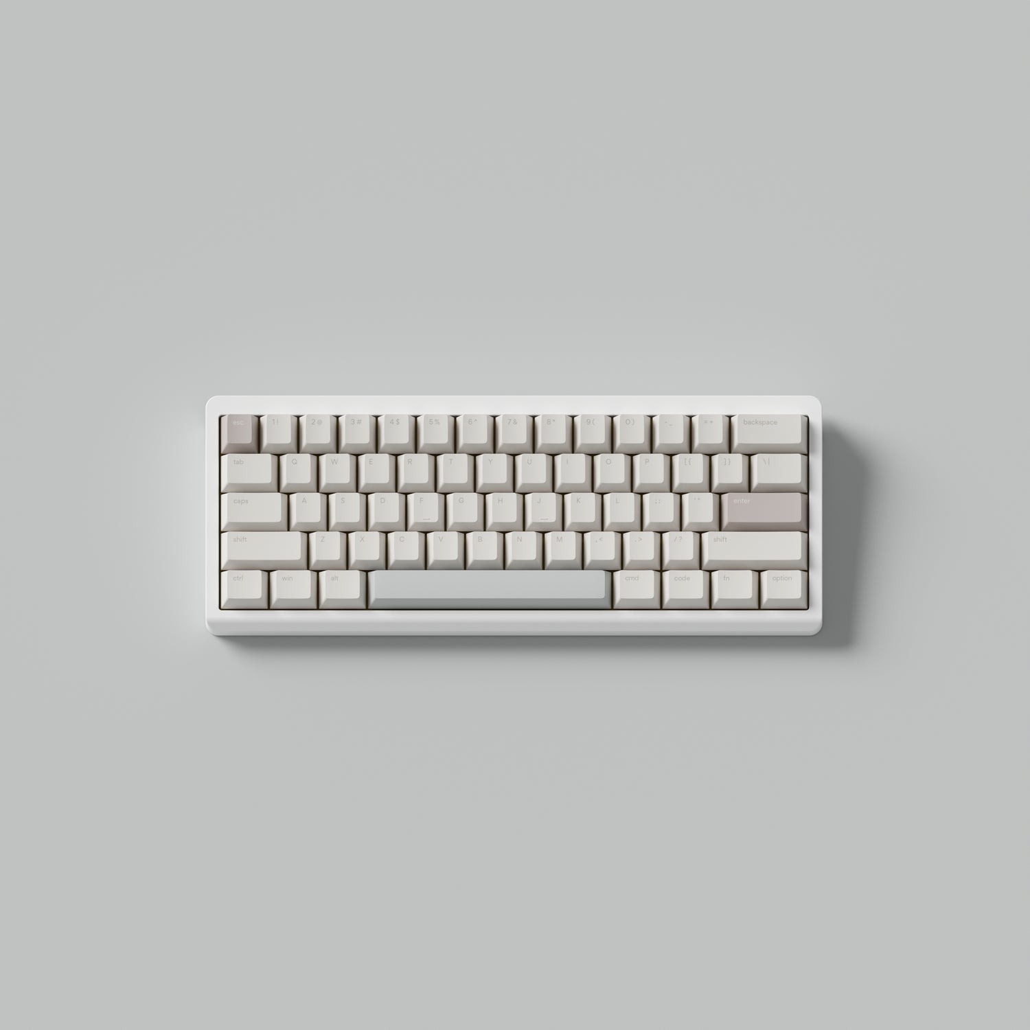 the standard rainy day keycaps, in cherry profile, on a white 60% keyboard.