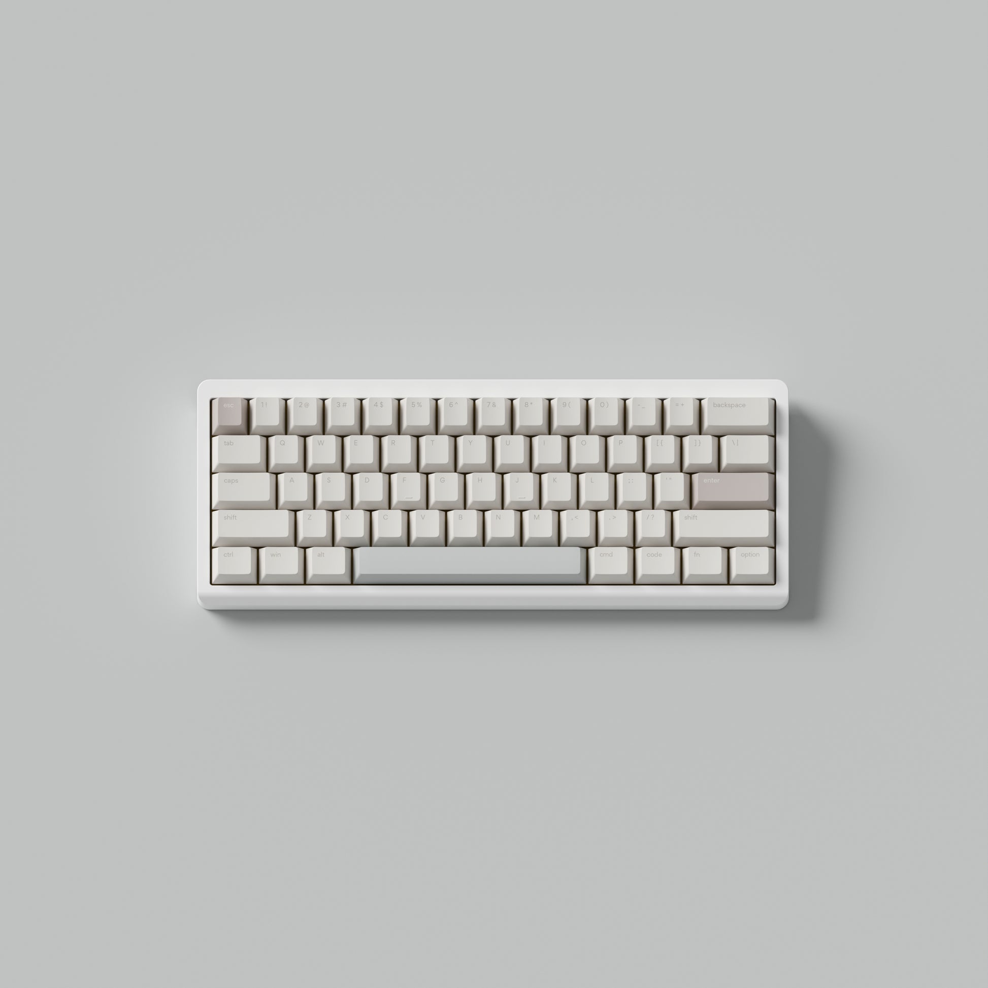 the standard rainy day keycaps, in cherry profile, on a white 60% keyboard.