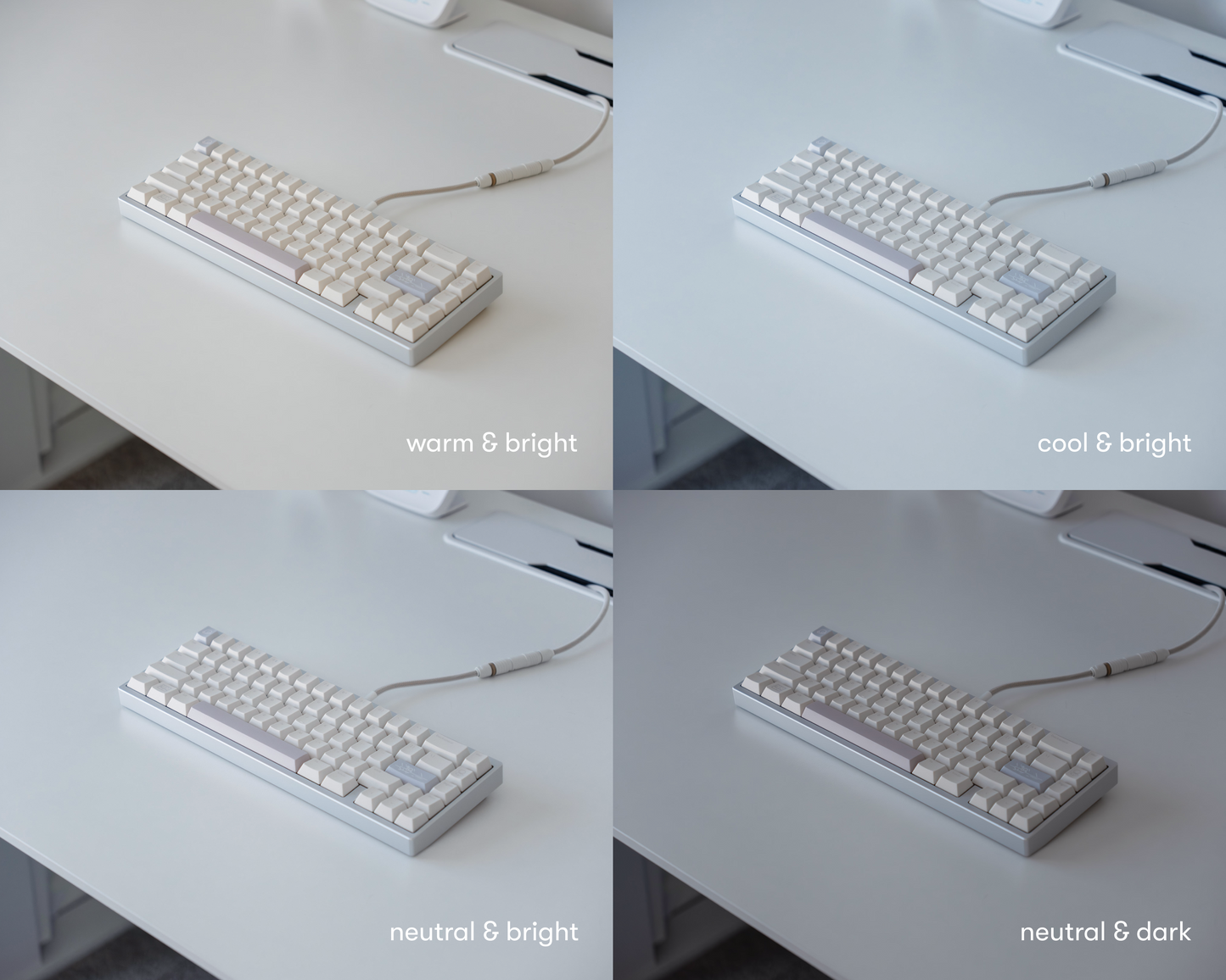 the rainy day keycaps in 4 lighting settings ranging from warm to cool and dark to light.