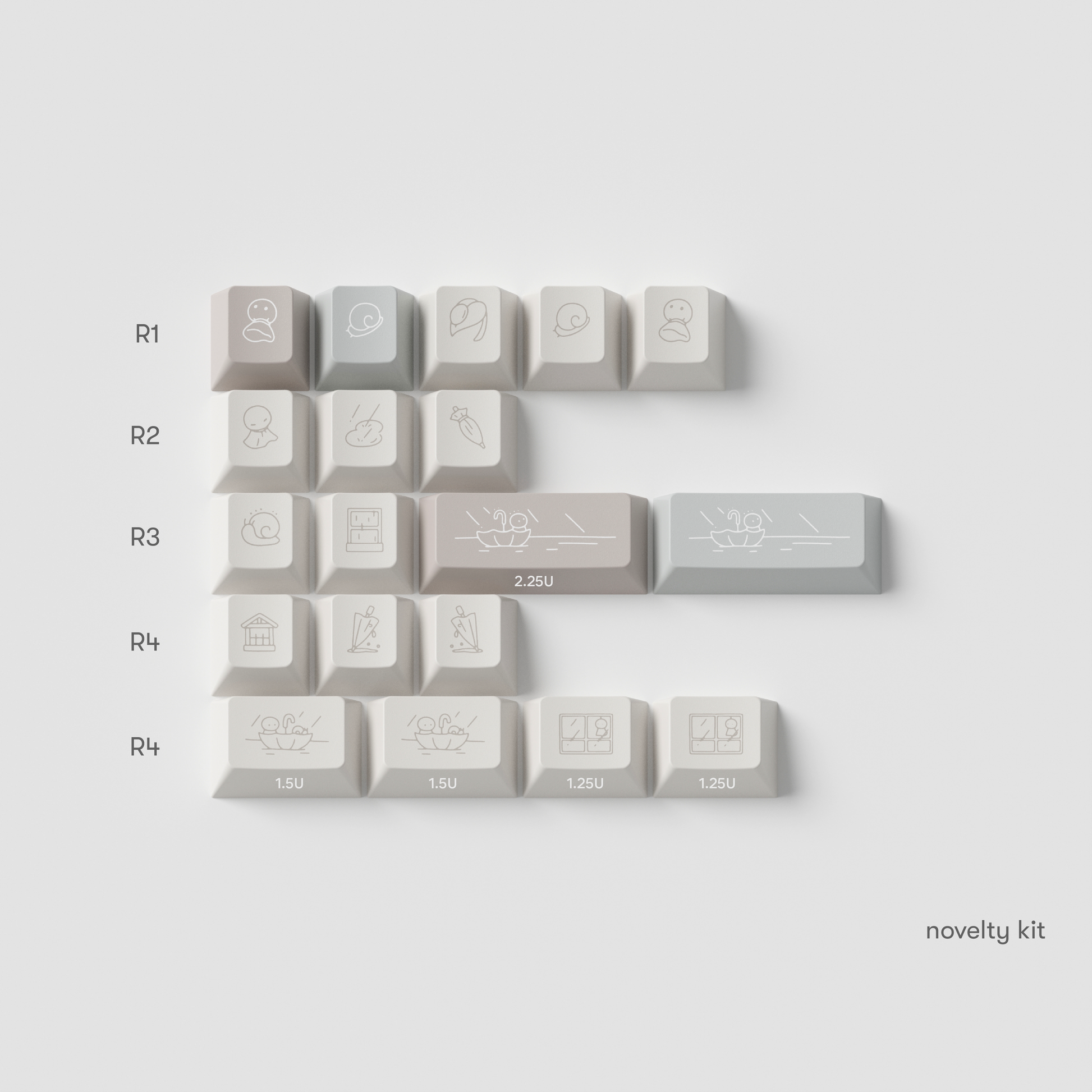 the standard edition rainy day novelty keys in cherry profile. featuring cute snail and teru teru bozu artwork.