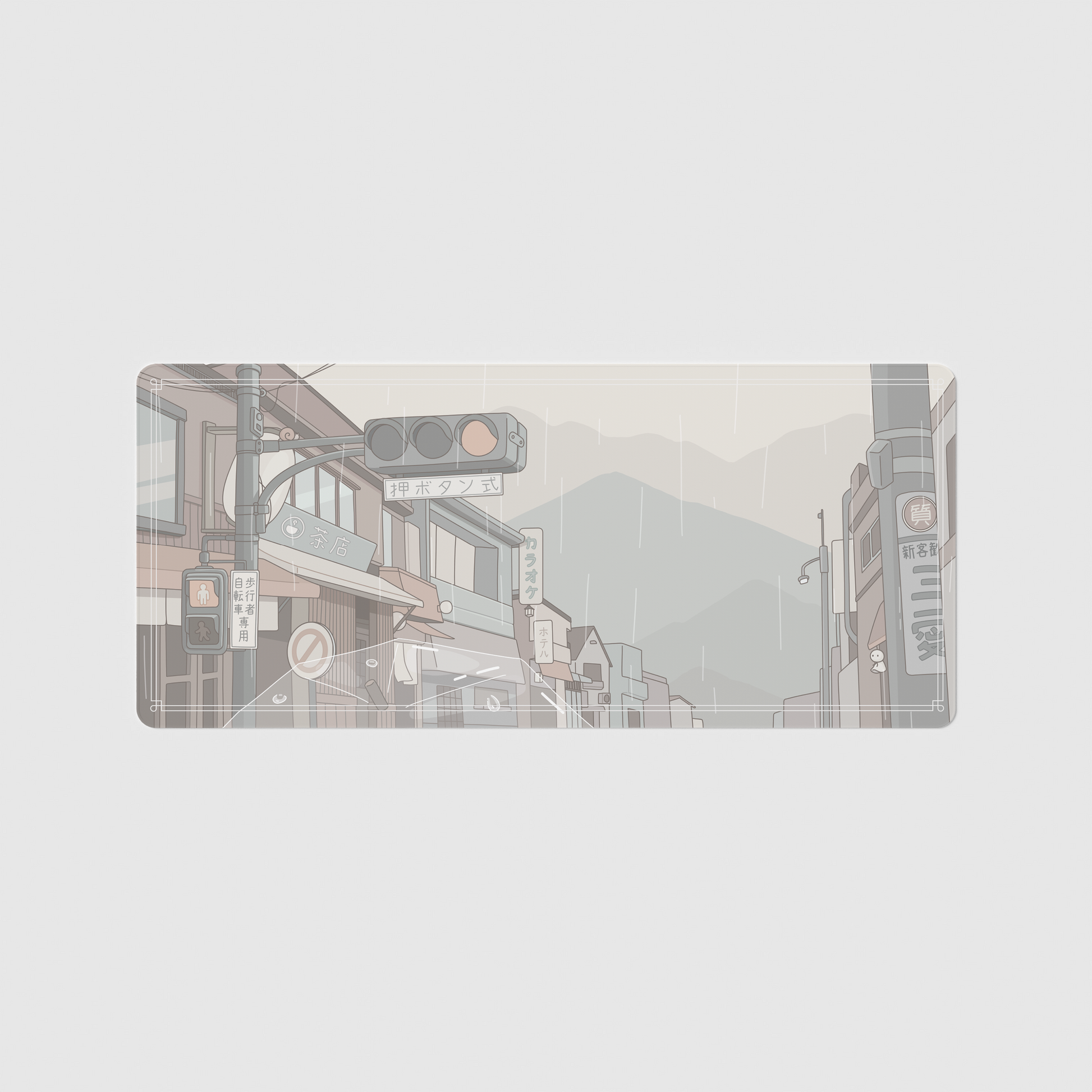 the 90x60cm special edition rainy day city desk mat with edge-stitched trim.