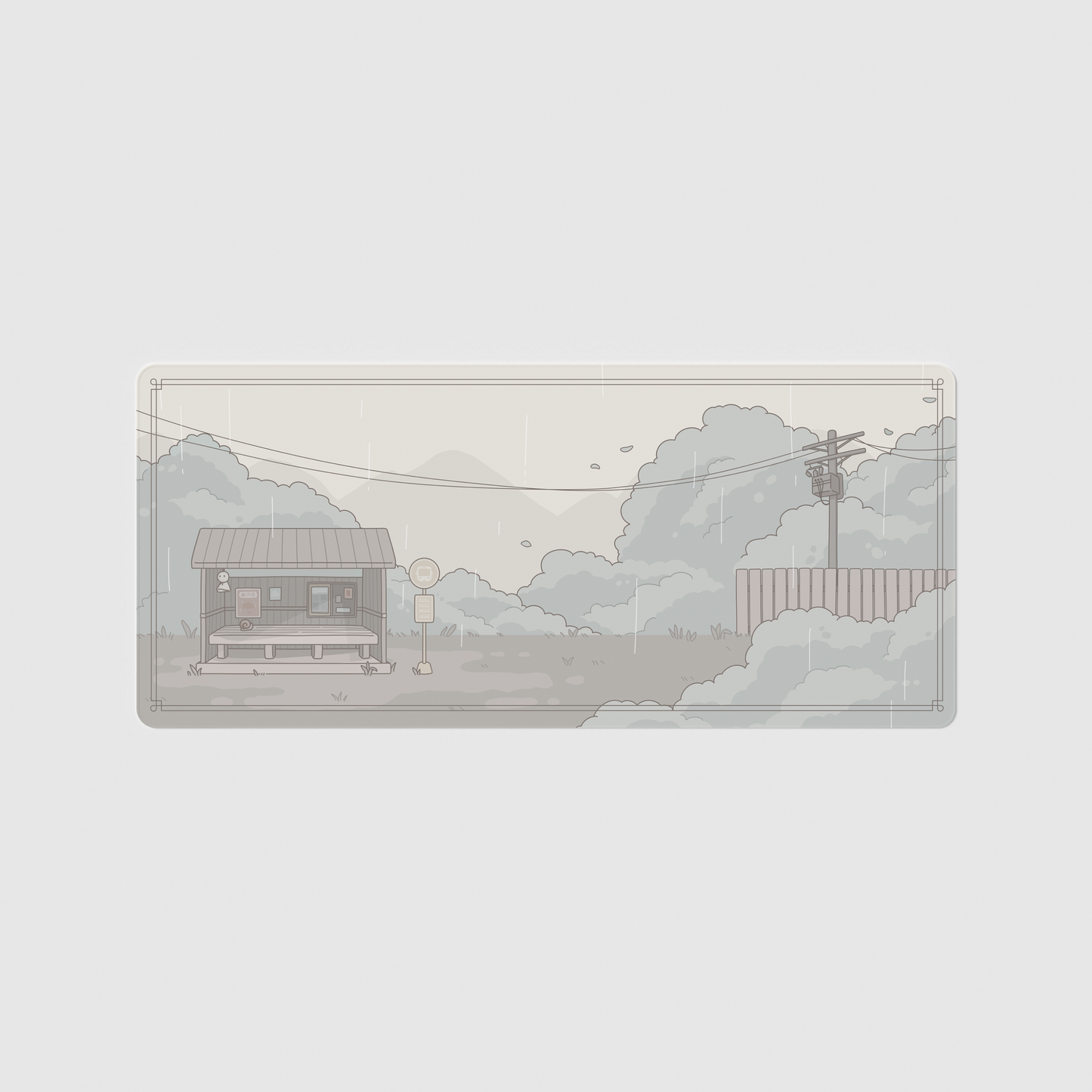 the 90x60cm special edition rainy day town desk mat with edge-stitched trim.