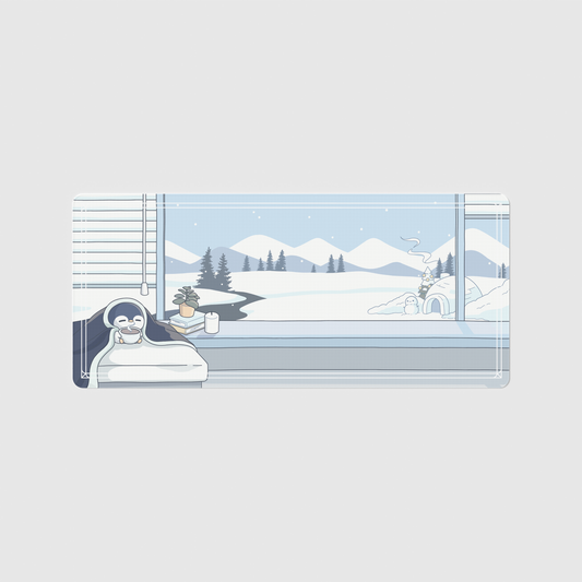 the 90x40cm special edition winterglow desk mat with edge-stitched trim.