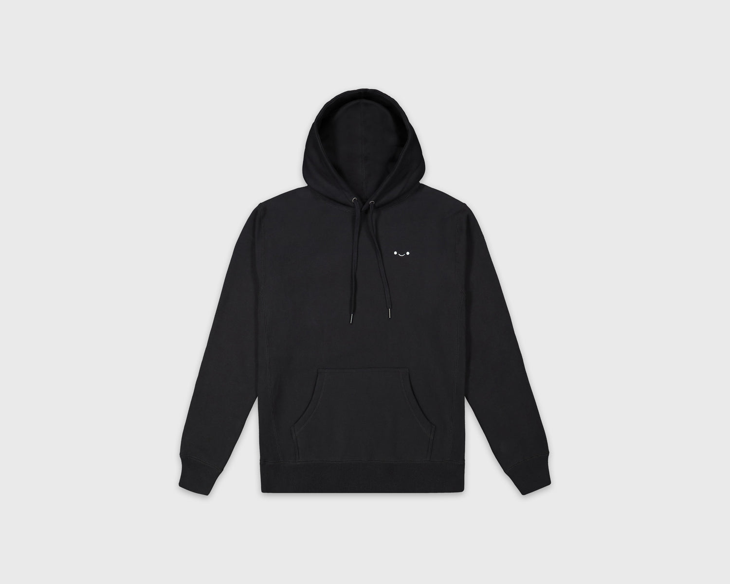 osume’s heavyweight hoodie in black featuring an embroidered white smiley face.